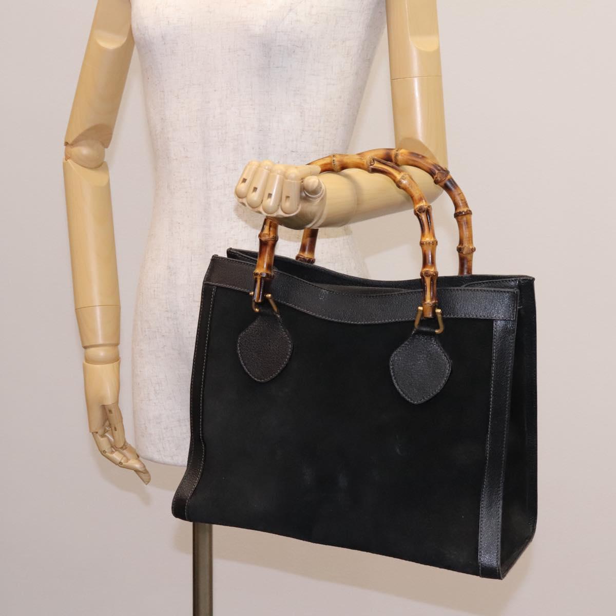 GUCCI Bamboo Hand Bag Suede Leather Black Gold 002 1095 0268 Auth 116847