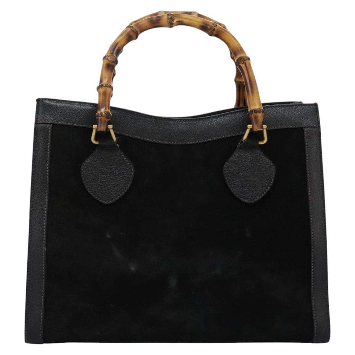 GUCCI Bamboo Hand Bag Suede Leather Black Gold 002 1095 0268 Auth 116847