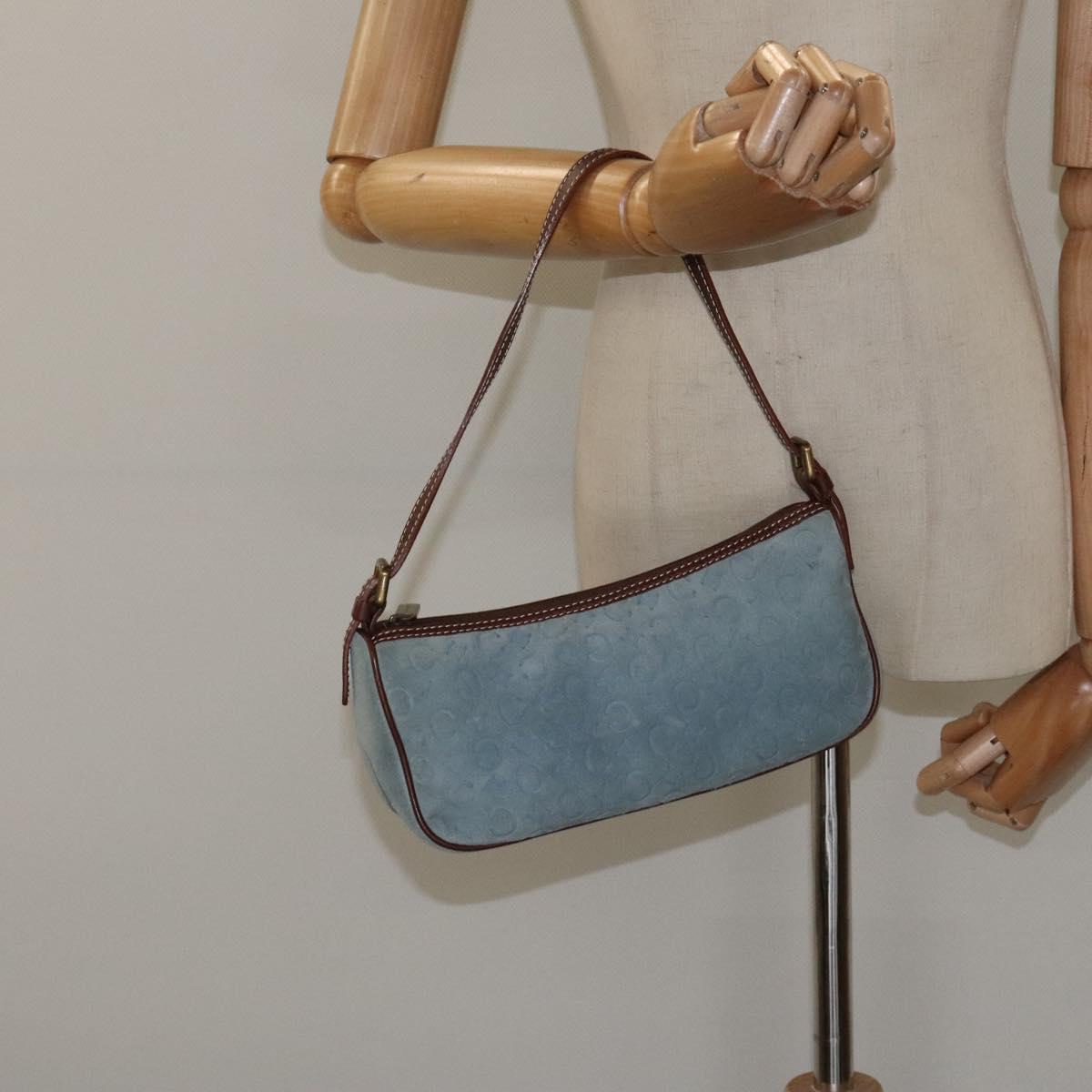 CELINE C Macadam Canvas Accessory Pouch Suede Light Blue Gold Auth 116852