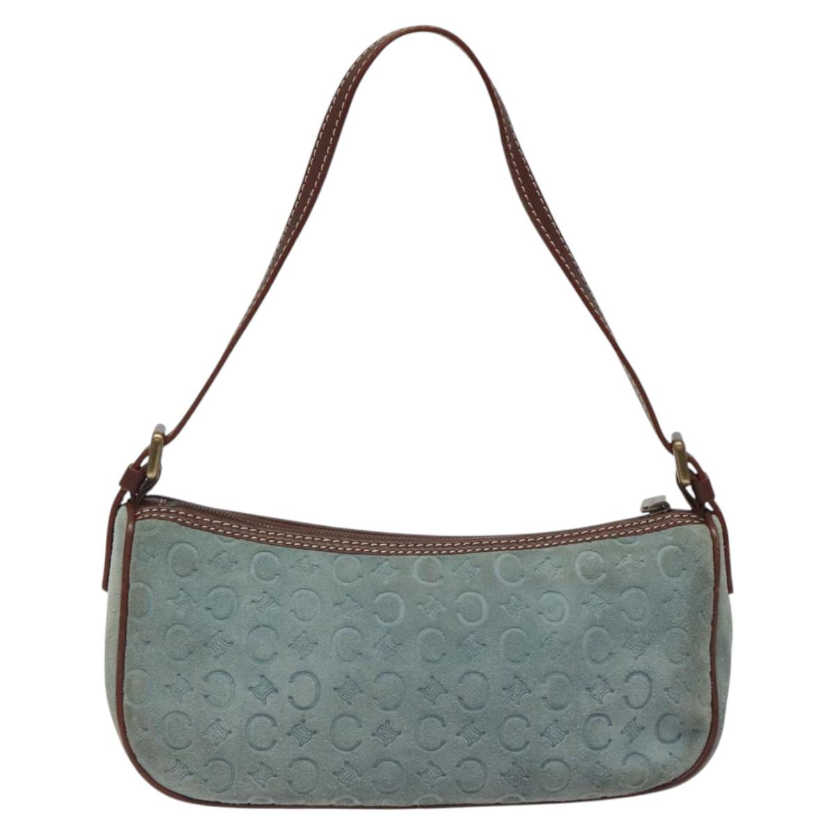 CELINE C Macadam Canvas Accessory Pouch Suede Light Blue Gold Auth 116852