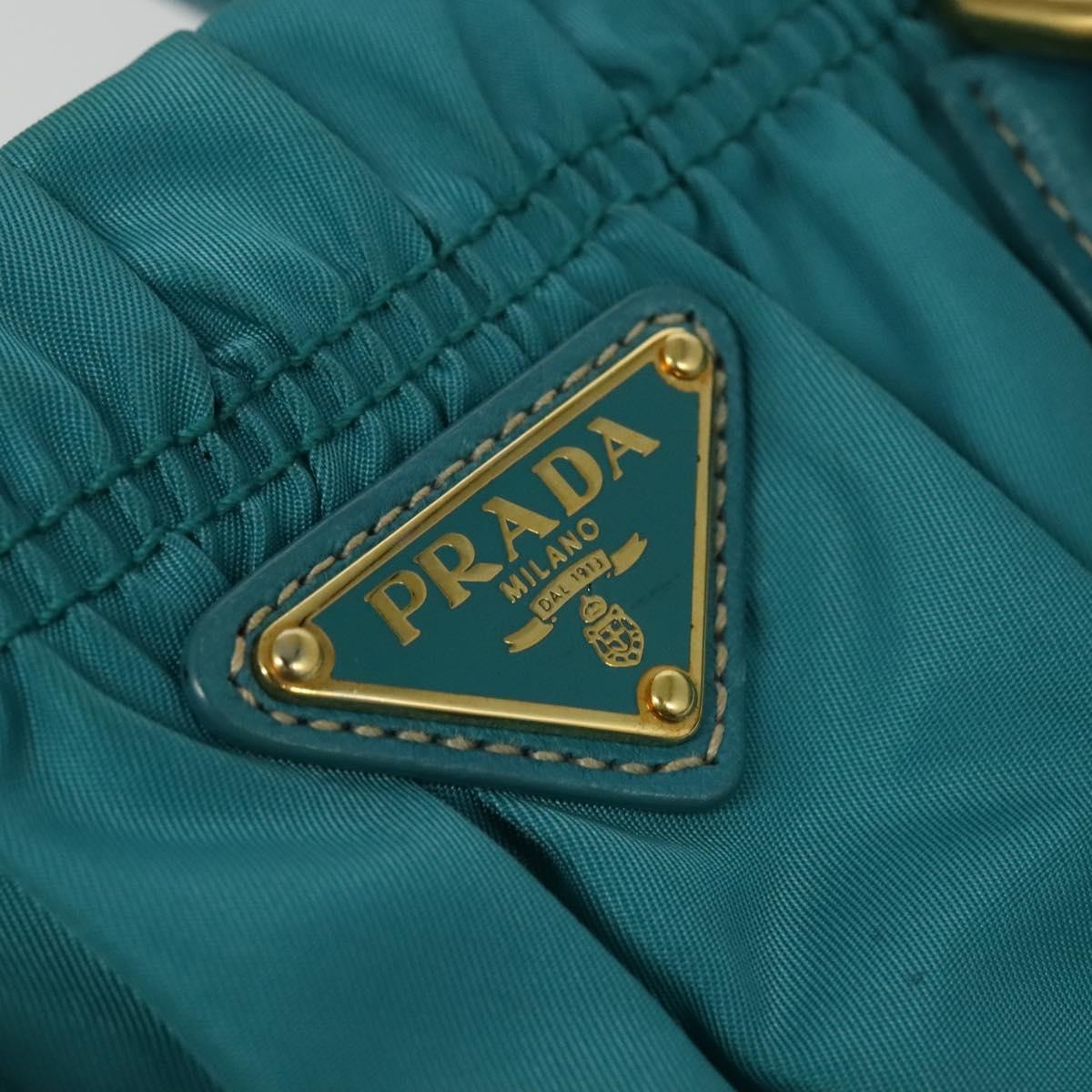 PRADA Hand Bag Nylon Leather 2way Turquoise Blue Gold Auth 116888