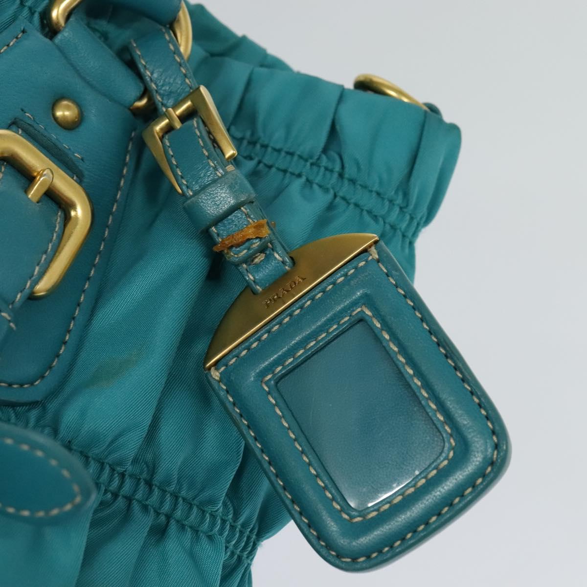 PRADA Hand Bag Nylon Leather 2way Turquoise Blue Gold Auth 116888