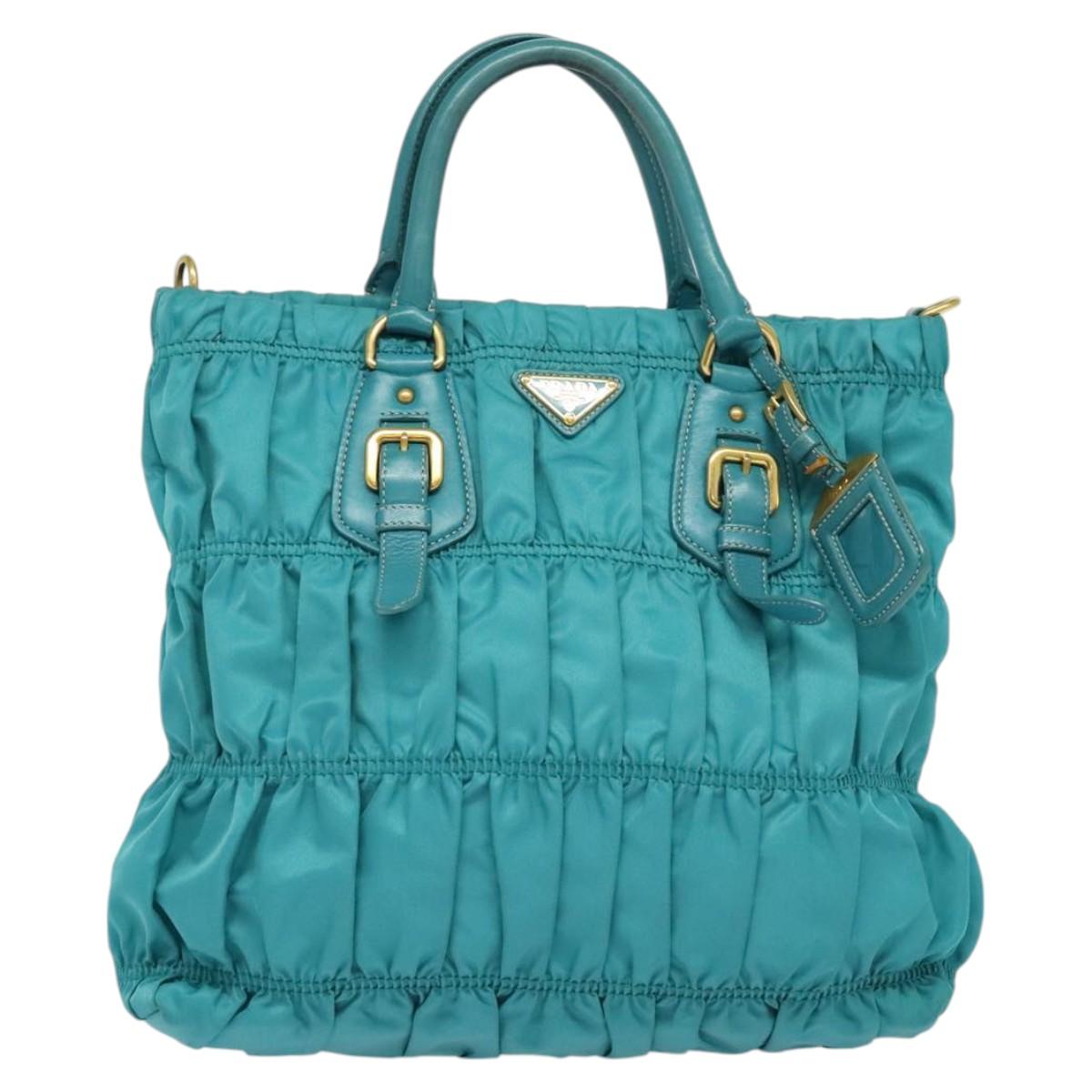PRADA Hand Bag Nylon Leather 2way Turquoise Blue Gold Auth 116888