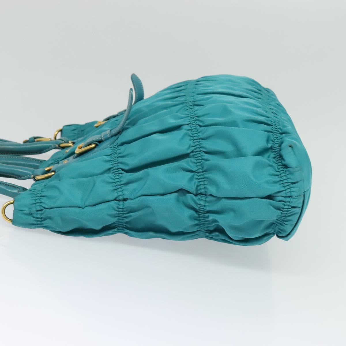 PRADA Hand Bag Nylon Leather 2way Turquoise Blue Gold Auth 116888