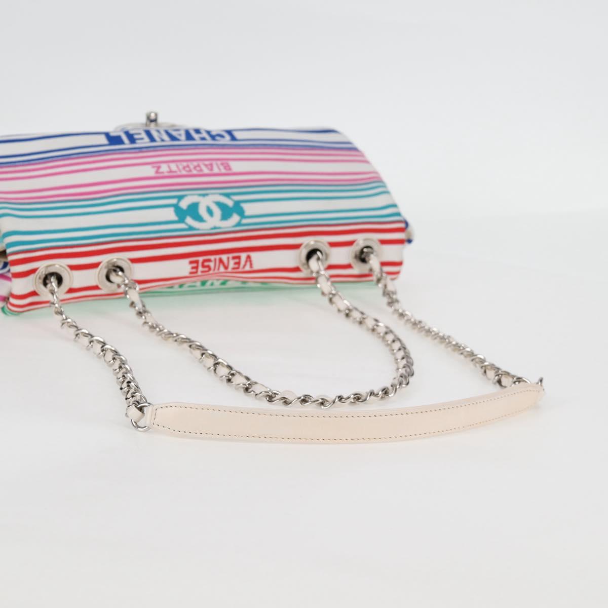 CHANEL Chain Shoulder Bag Canvas White Multicolor CC Auth 117109AM