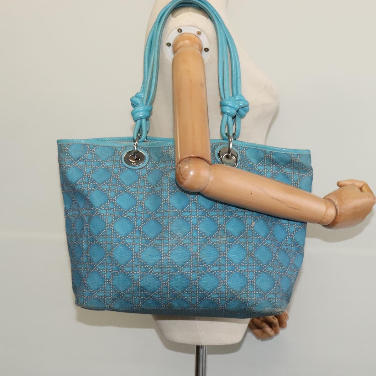 Christian Dior Canage Tote Bag Coated Canvas Blue Silver Auth 117361
