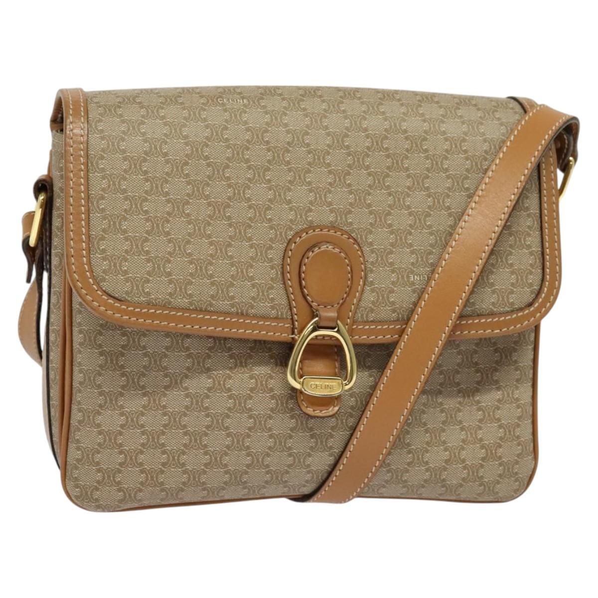 CELINE Macadam Canvas Shoulder Bag Beige Gold Auth 117362