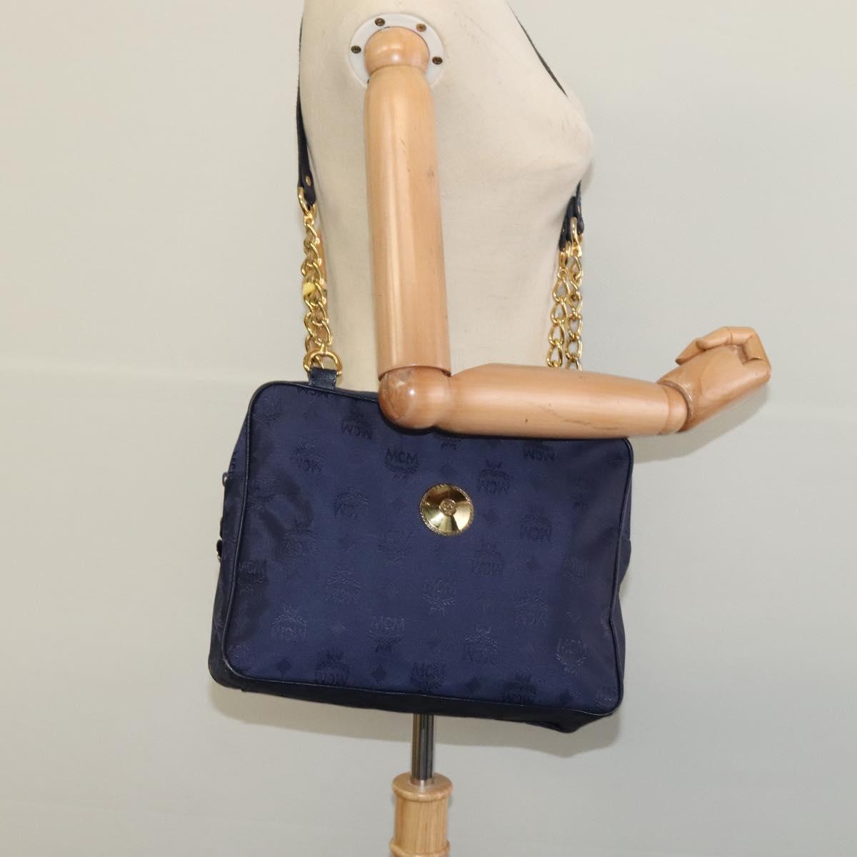 MCM Logogram Vicetos Shoulder Bag Nylon Navy Gold Auth 117398