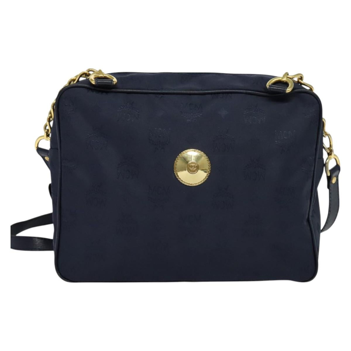 MCM Logogram Vicetos Shoulder Bag Nylon Navy Gold Auth 117398