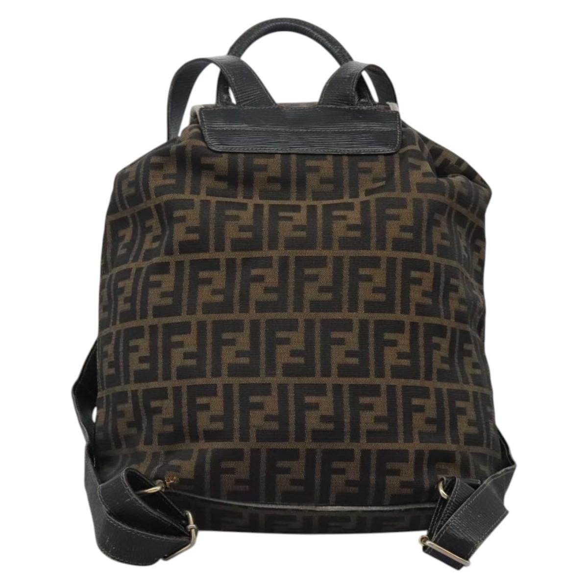FENDI Zucca Canvas Backpack Brown Black gold Auth 117434