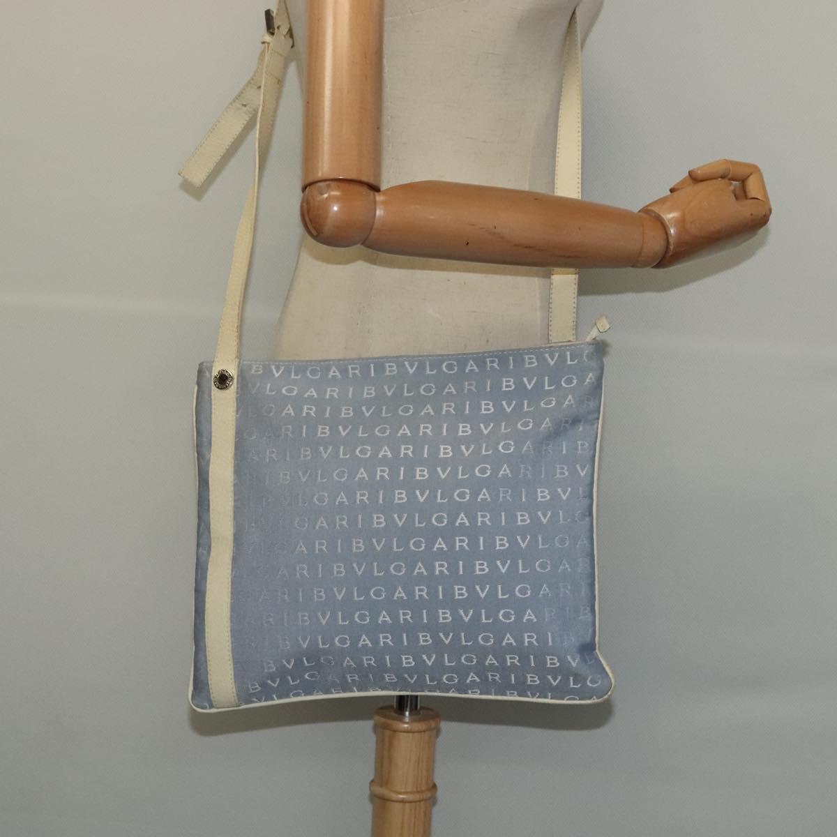 BVLGARI Logo mania Shoulder Bag Nylon Light Blue Silver Auth 117518