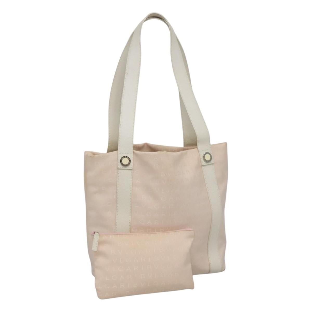 BVLGARI Logo Mania Tote Bag Canvas Pink White Silver Auth 117578