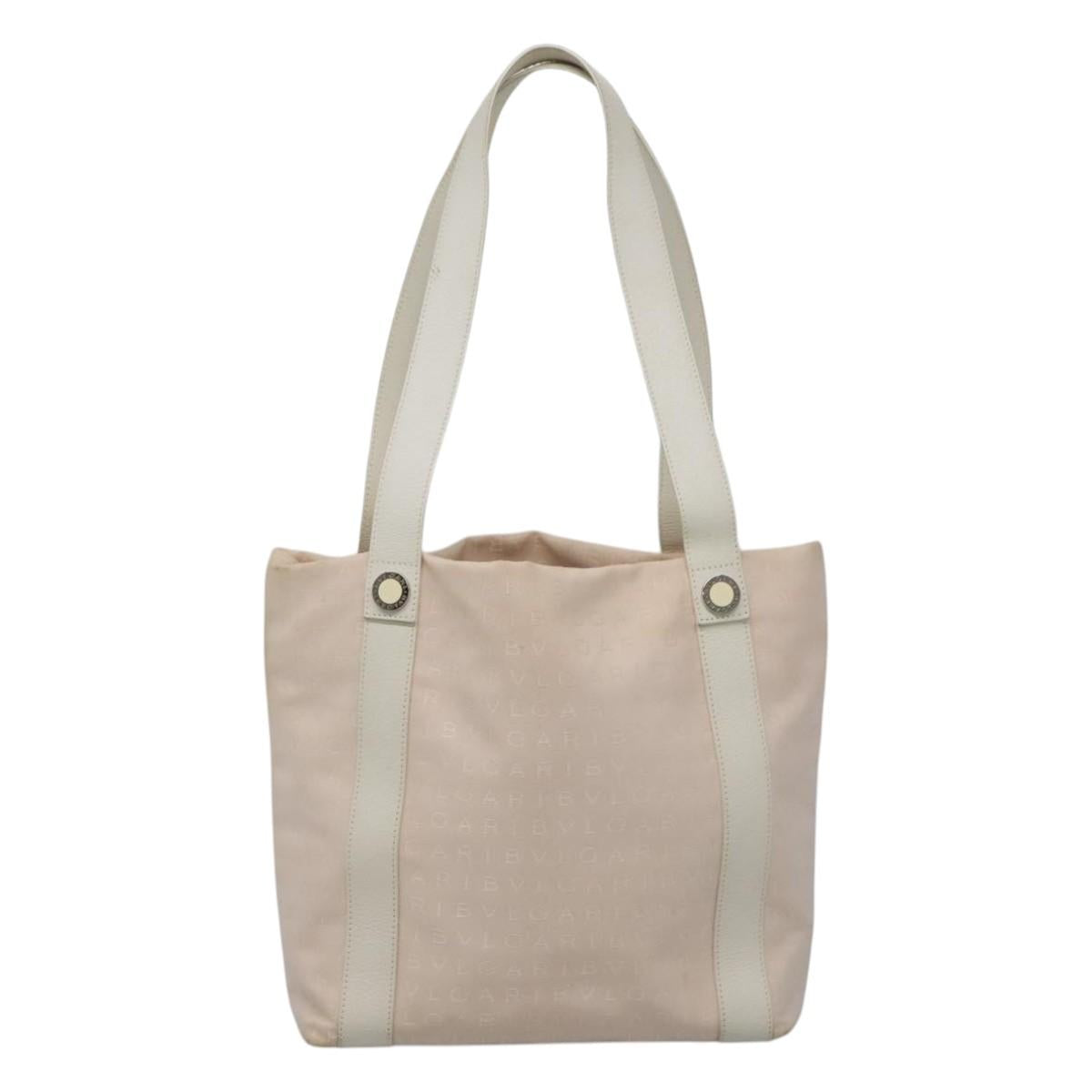 BVLGARI Logo Mania Tote Bag Canvas Pink White Silver Auth 117578