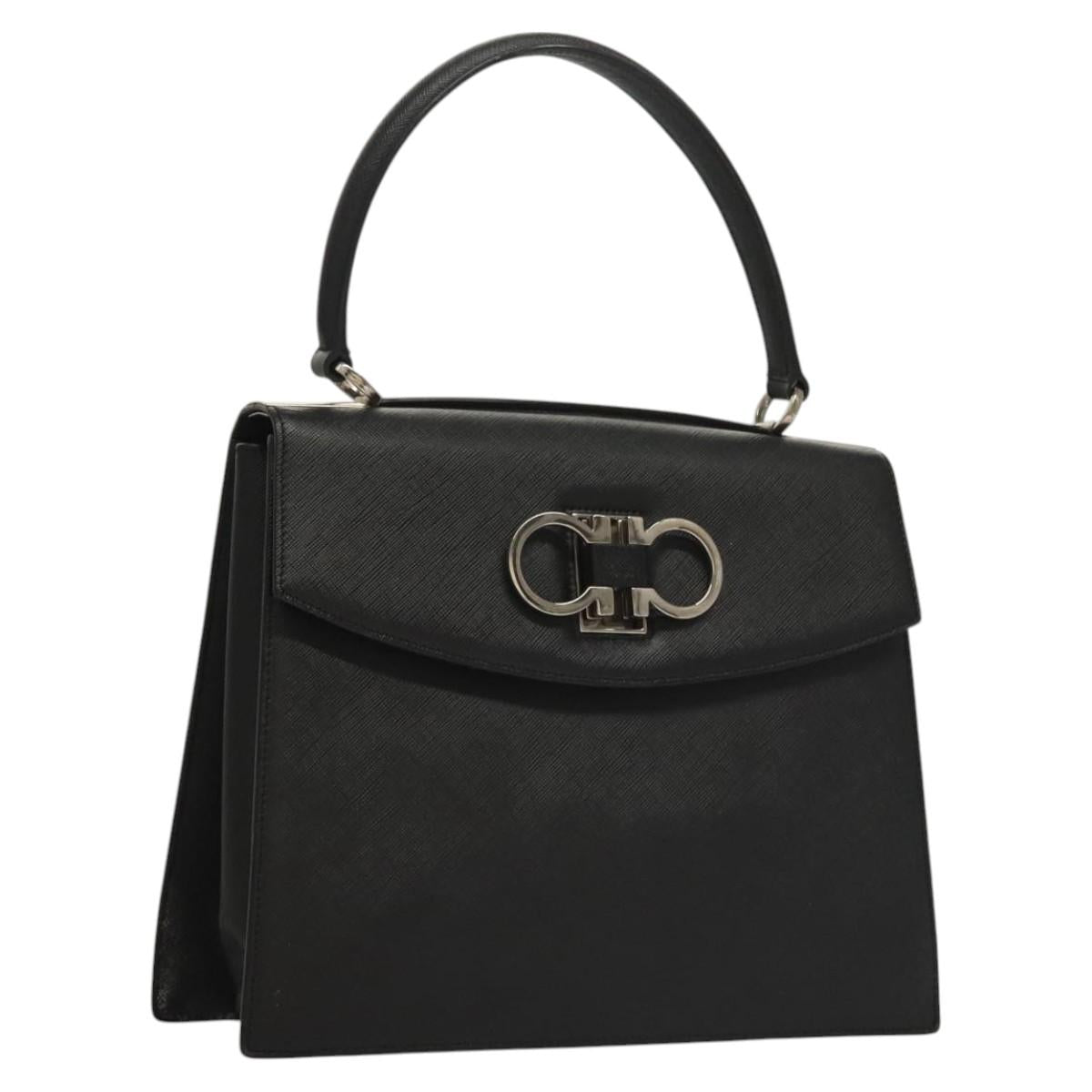 Salvatore Ferragamo Gancini Hand Bag Leather Black Silver Auth 117589