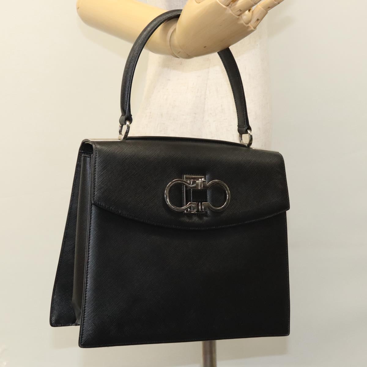 Salvatore Ferragamo Gancini Hand Bag Leather Black Silver Auth 117589