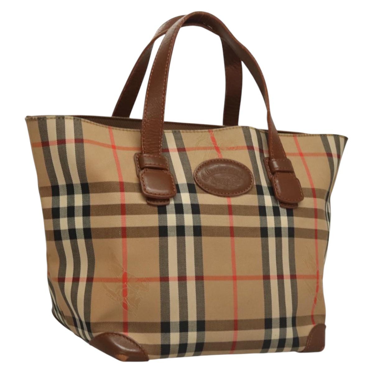 Burberrys Nova Check Hand Bag Canvas Beige Gold Auth 117637