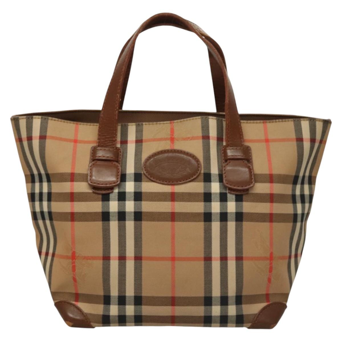 Burberrys Nova Check Hand Bag Canvas Beige Gold Auth 117637