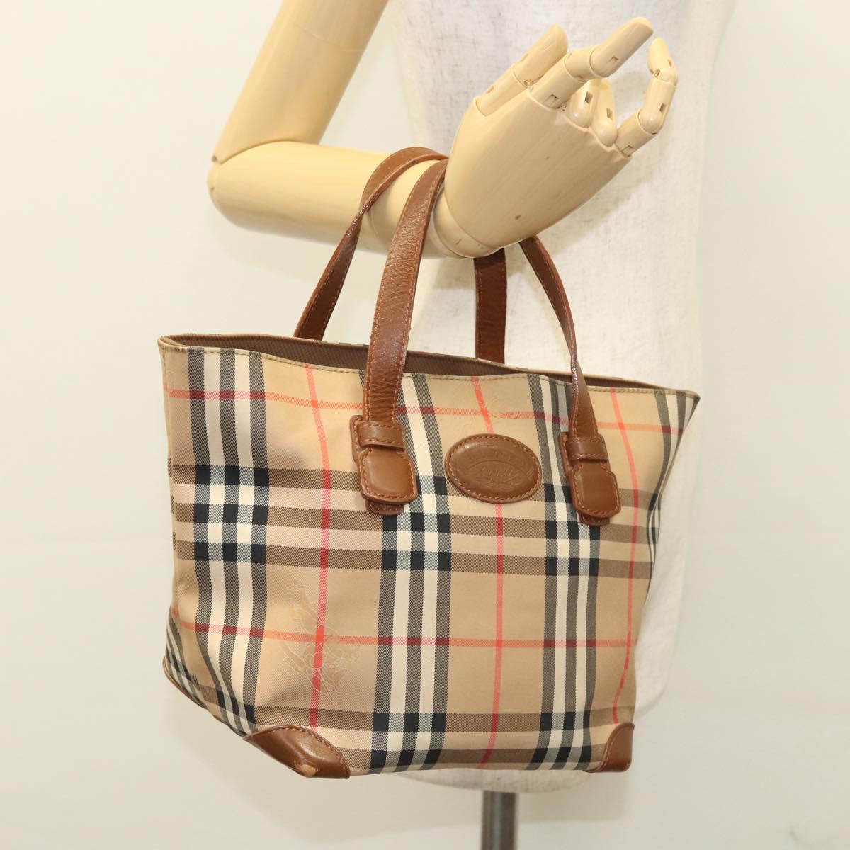 Burberrys Nova Check Hand Bag Canvas Beige Gold Auth 117637