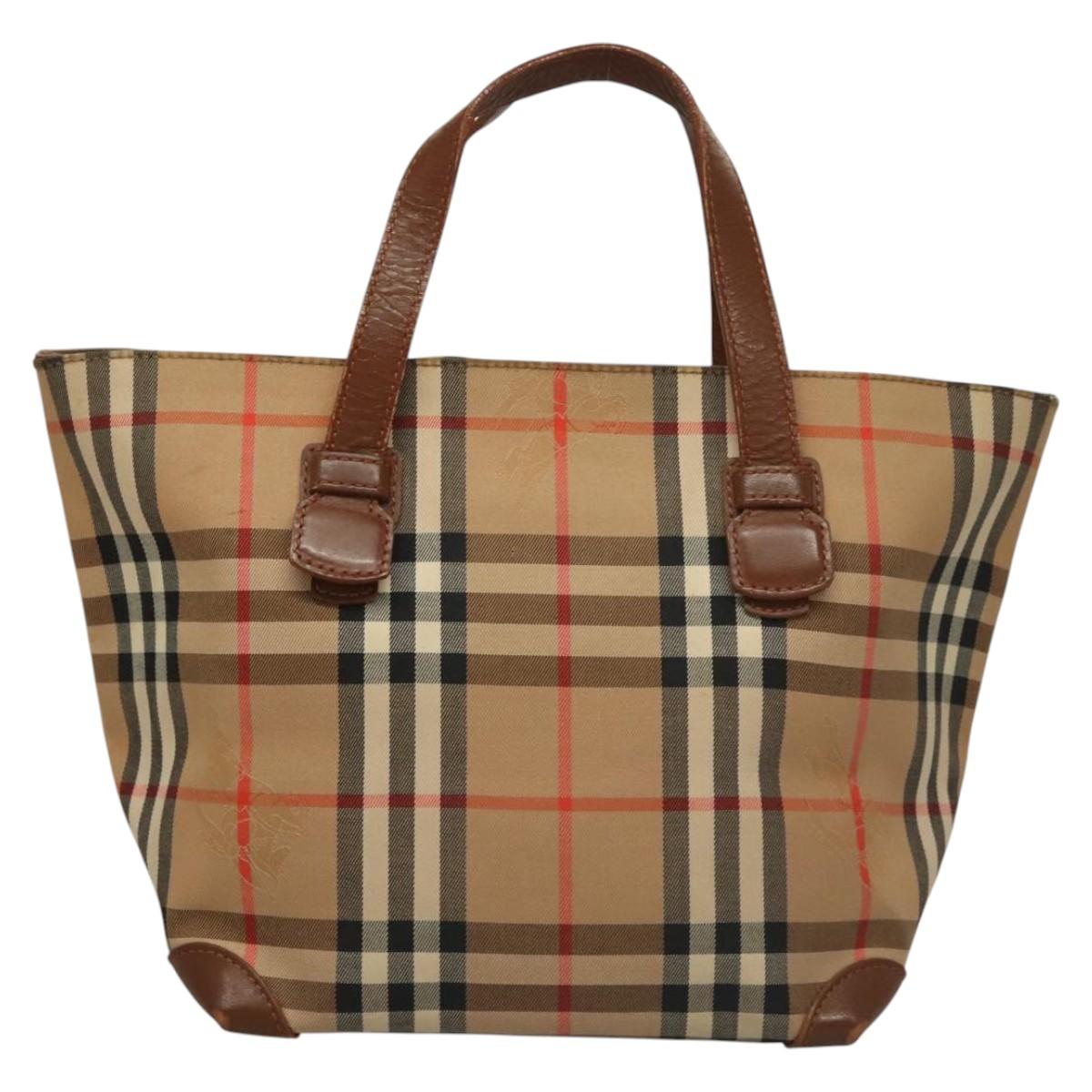 Burberrys Nova Check Hand Bag Canvas Beige Gold Auth 117637