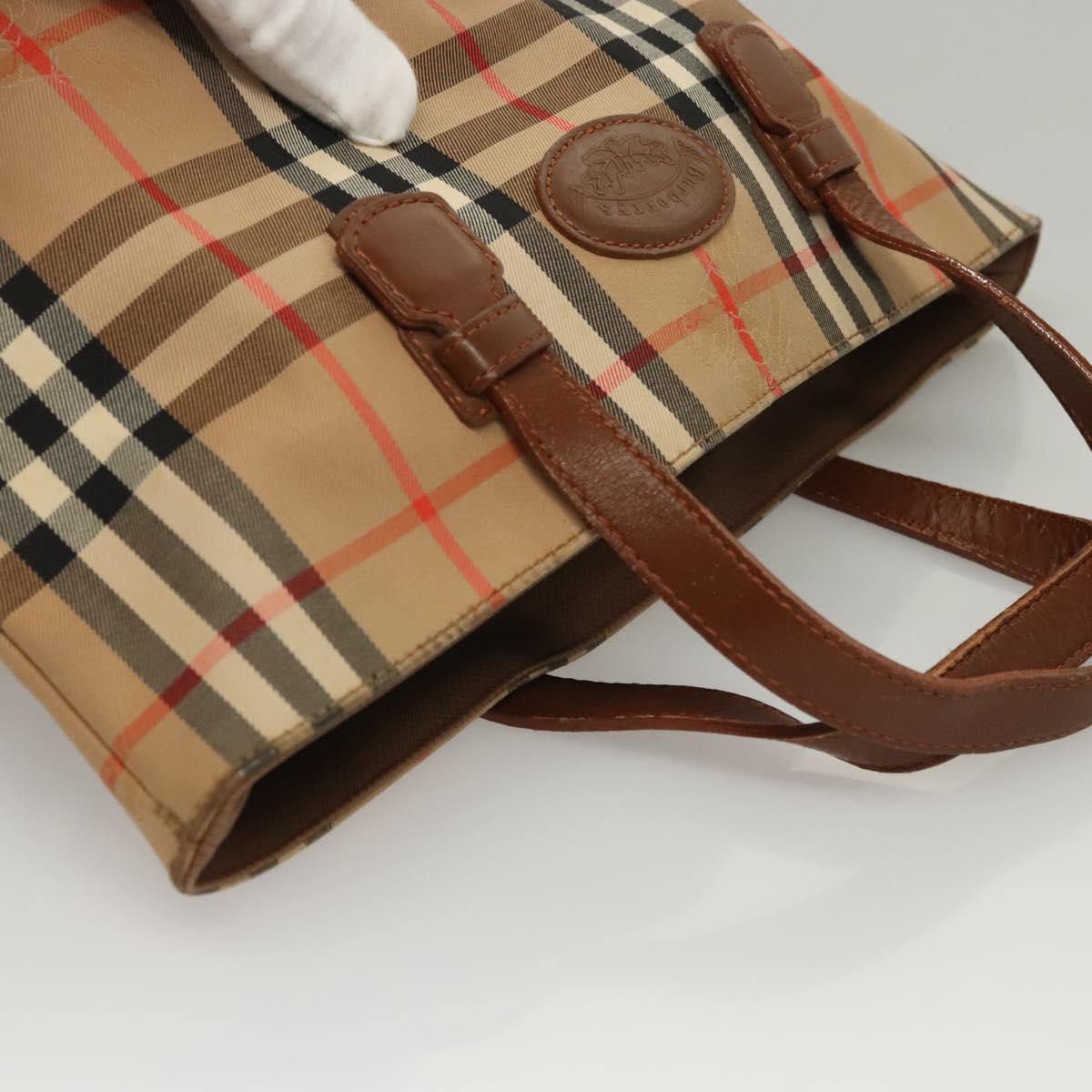 Burberrys Nova Check Hand Bag Canvas Beige Gold Auth 117637