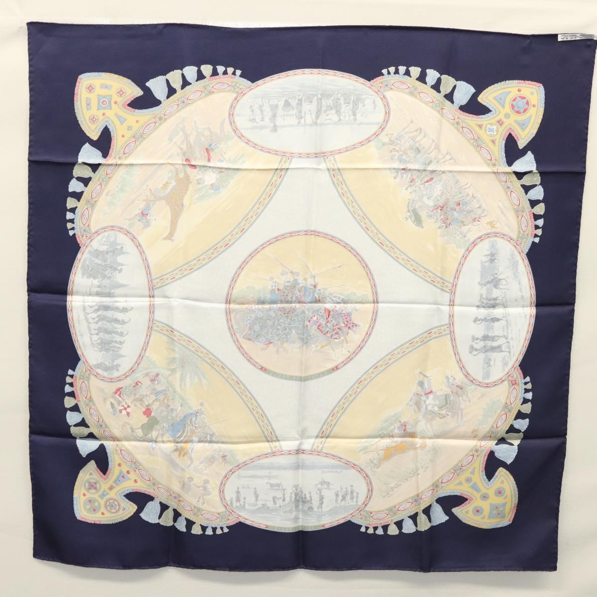 HERMES Carre 90 Scarf CAVALIERS PEULS Silk Navy Auth 117653
