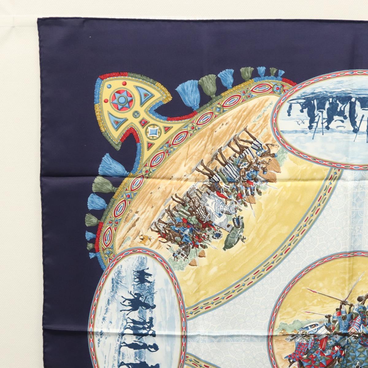 HERMES Carre 90 Scarf CAVALIERS PEULS Silk Navy Auth 117653
