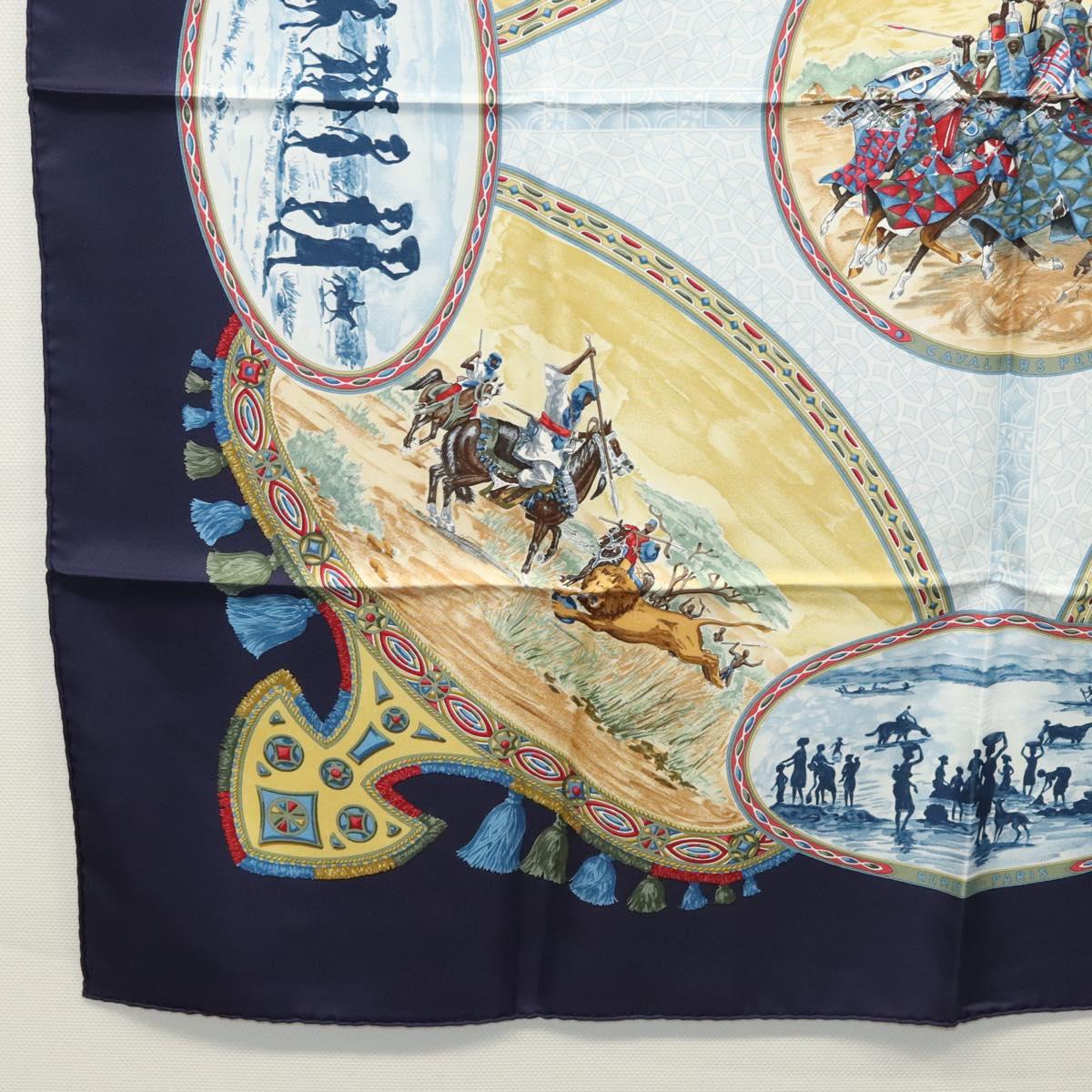 HERMES Carre 90 Scarf CAVALIERS PEULS Silk Navy Auth 117653