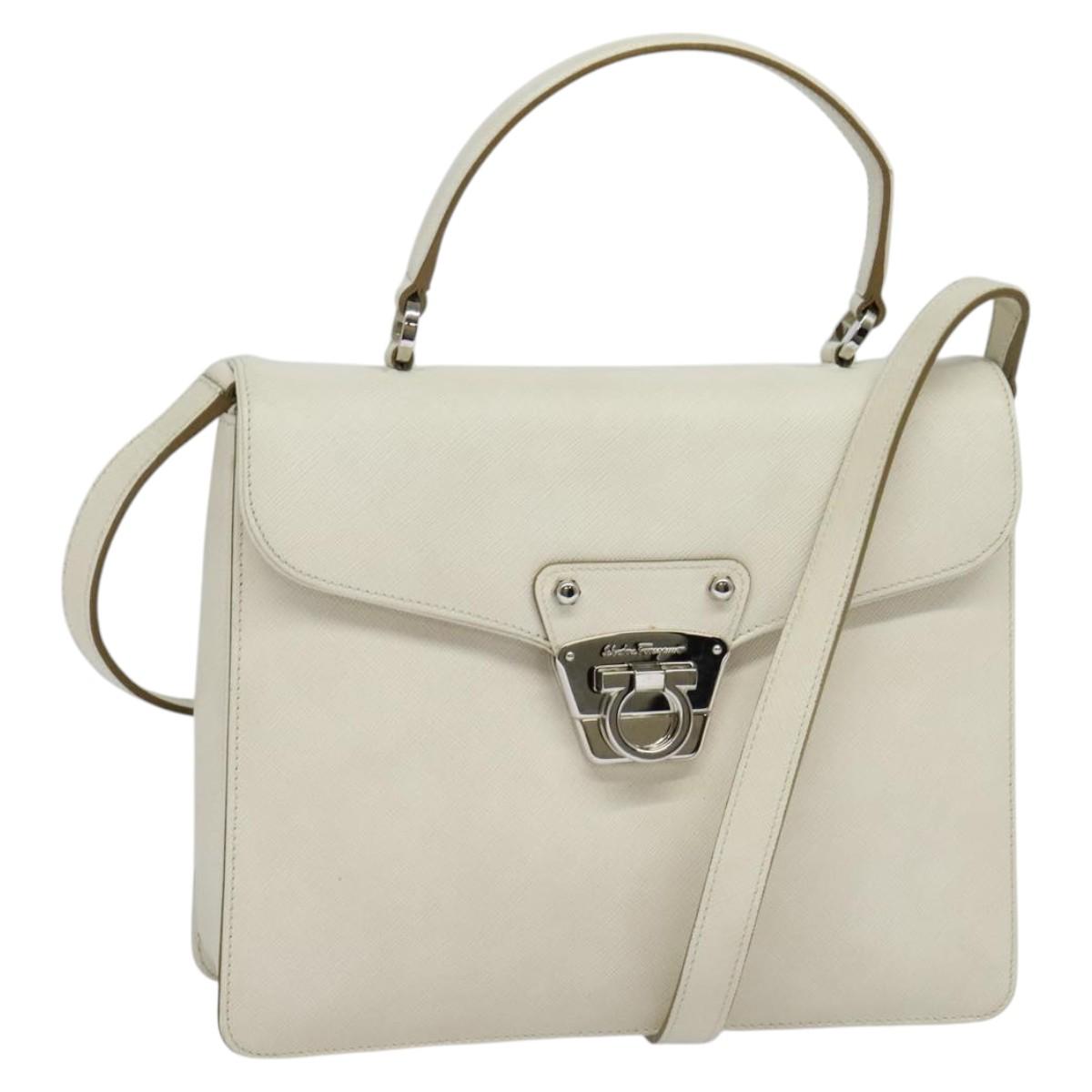 Salvatore Ferragamo Gancini Hand Bag Leather 2way White Silver Auth 117671