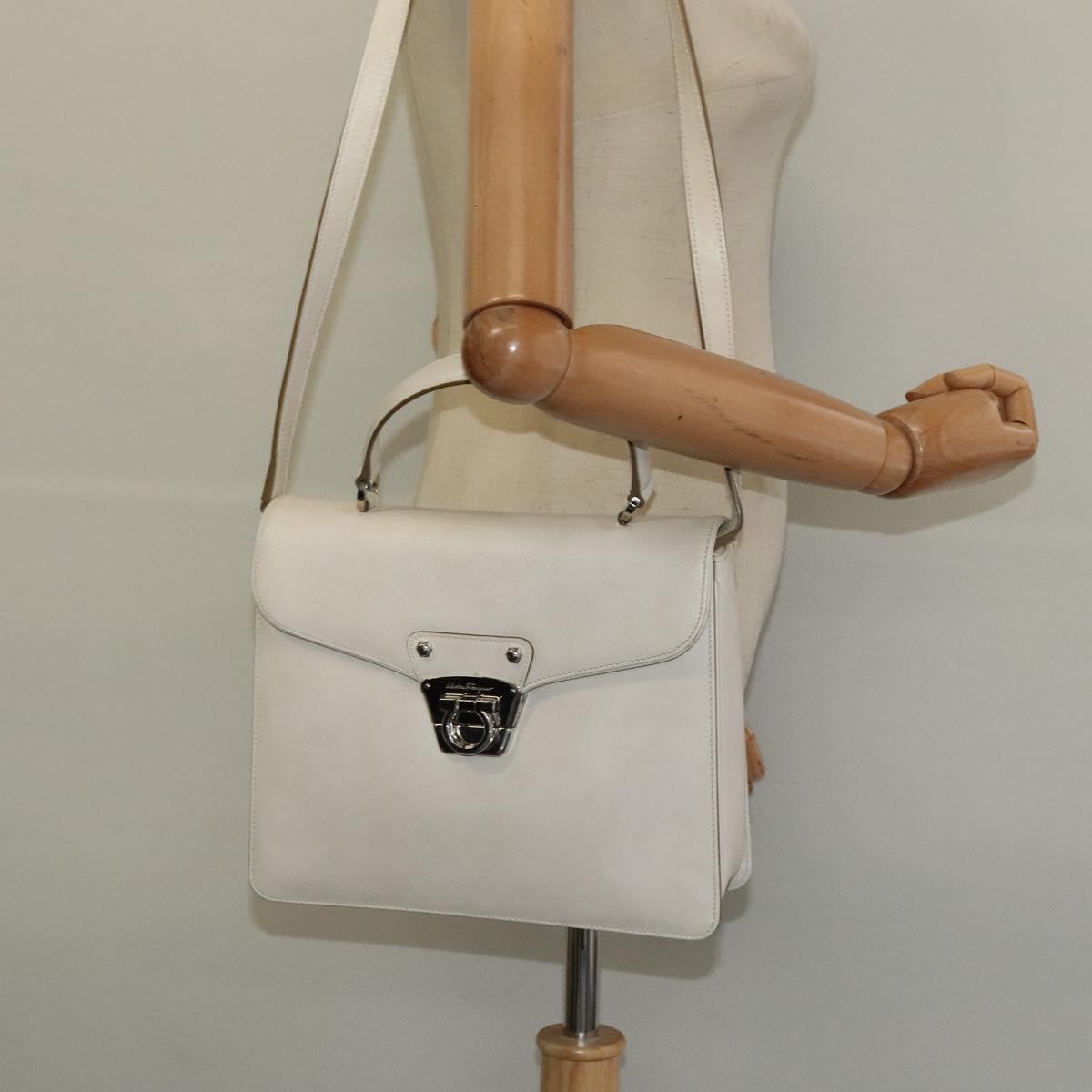 Salvatore Ferragamo Gancini Hand Bag Leather 2way White Silver Auth 117671