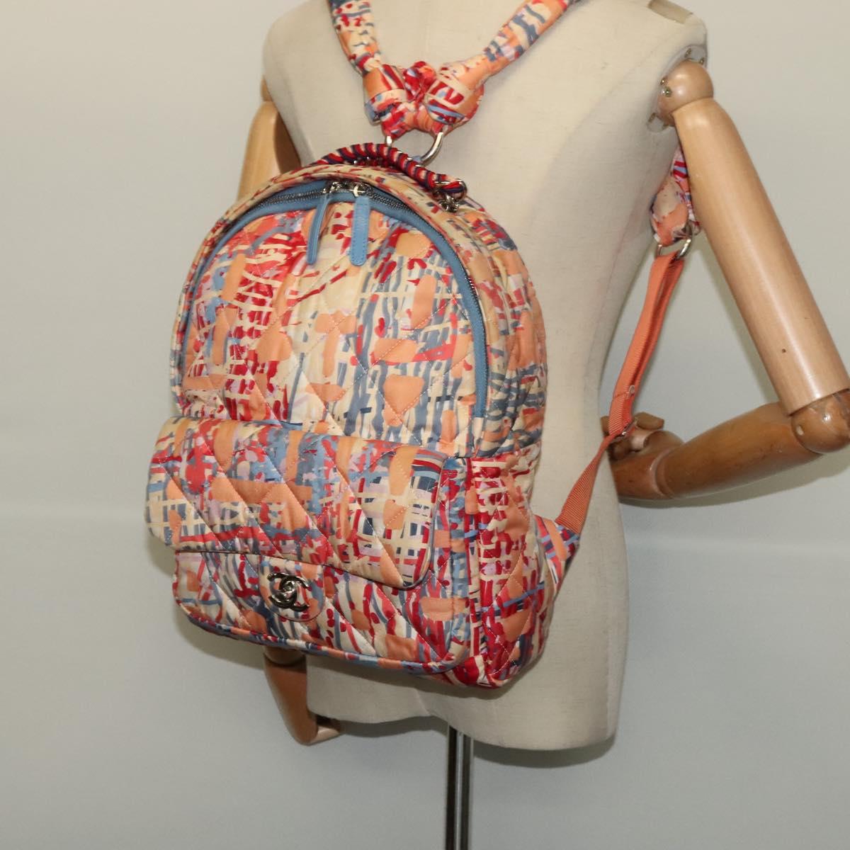 CHANEL Matelasse Backpack Cotton Orange Silver CC Auth 117675