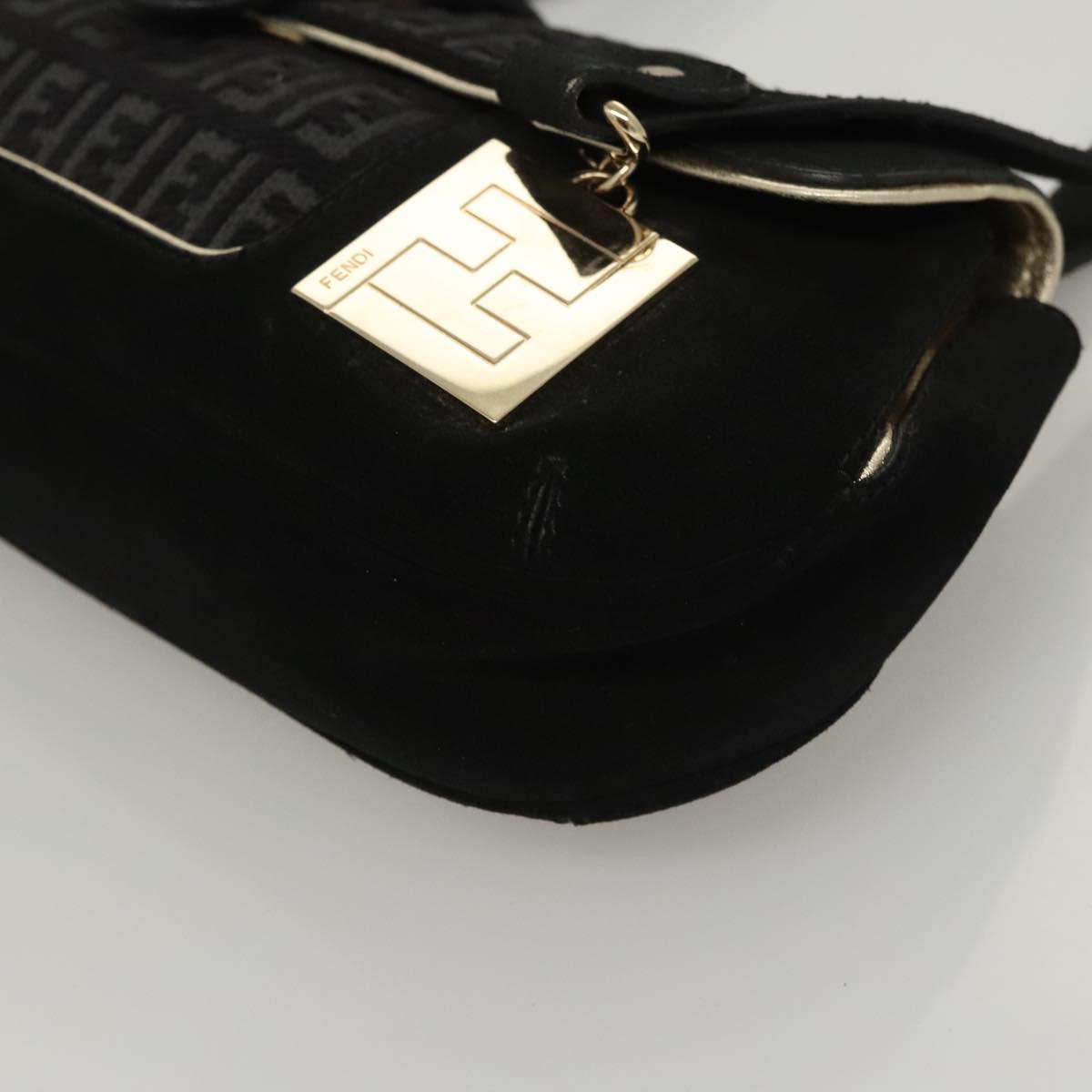 FENDI Zucchino Canvas Shoulder Bag Suede Black Auth 117694