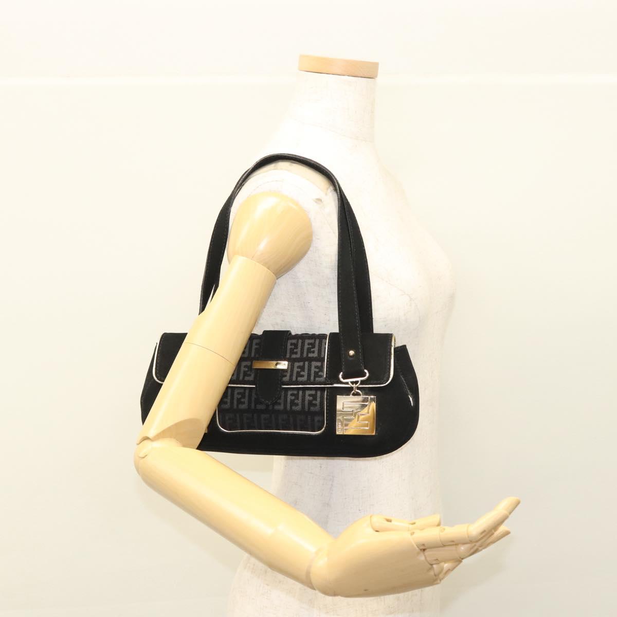 FENDI Zucchino Canvas Shoulder Bag Suede Black Auth 117694