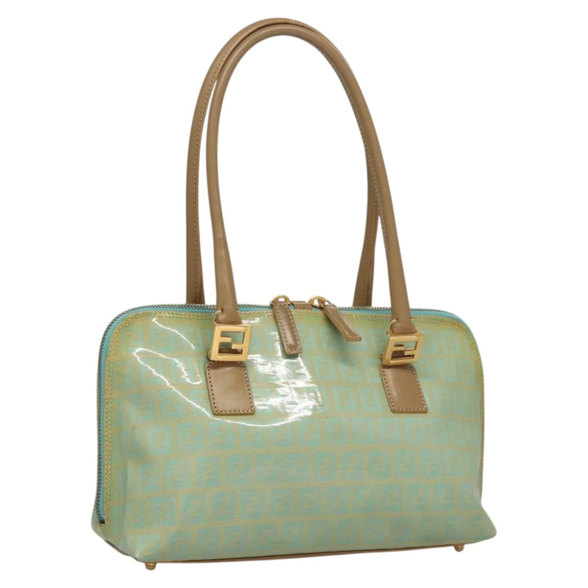 FENDI Zucchino Canvas Hand Bag Enamel Light Blue Gold Auth 117743