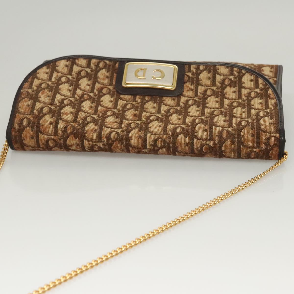 Christian Dior Trotter Canvas Chain Shoulder Bag Brown Gold Auth 117785
