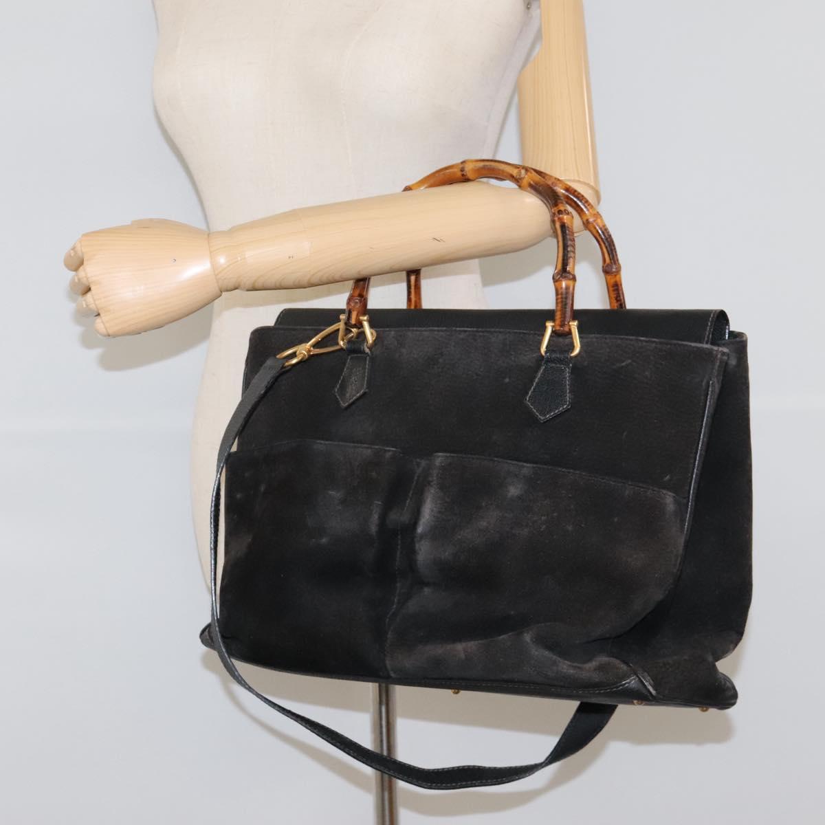 GUCCI Bamboo Hand Bag Suede 2way Black Gold 002 123 0322 Auth 117824