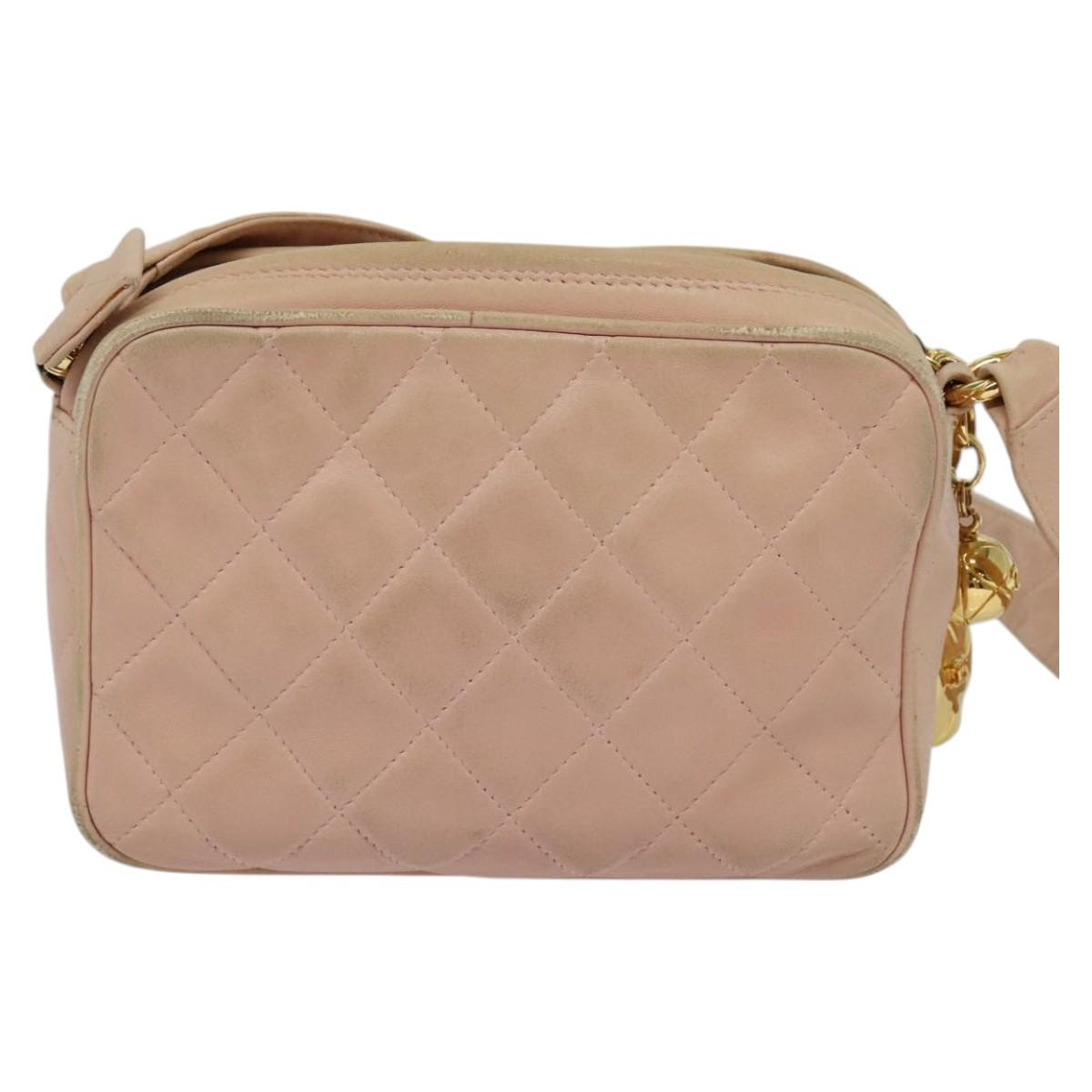CHANEL Matelasse Shoulder Bag Lamb Skin Pink CC Auth 117845