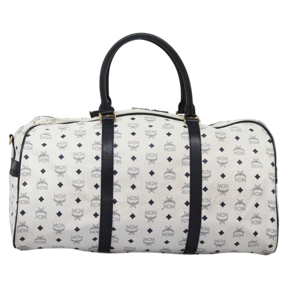 MCM Logogram Vicetos Boston Bag PVC Leather 2way White Gold Auth 117855