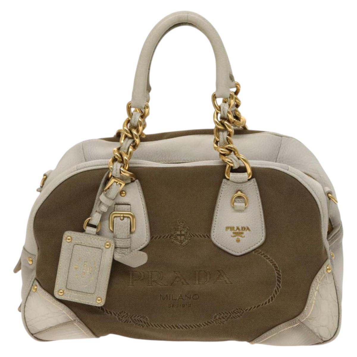 PRADA Hand Bag Canvas 2way Beige Gold Auth 117858