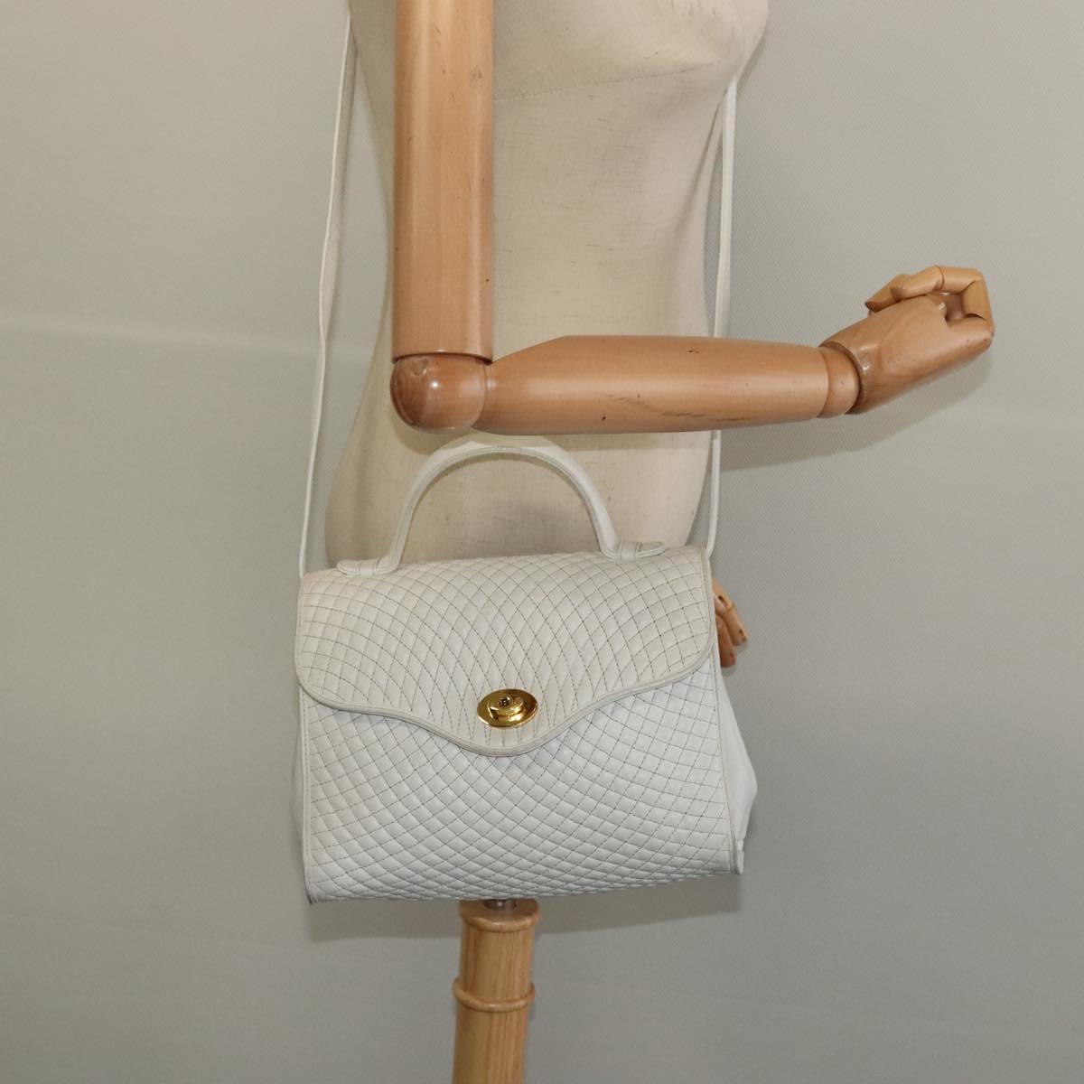 BALLY Hand Bag Leather 2way White Gold Auth 117861