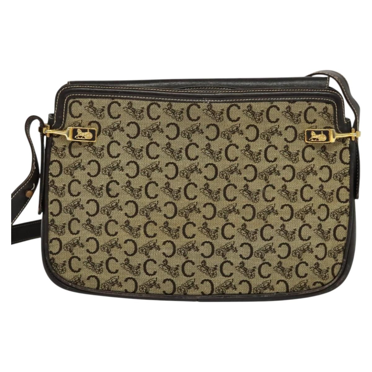 CELINE C Sulky Shoulder Bag Canvas Beige Gold Auth 117907