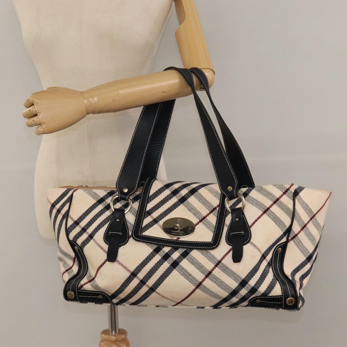 BURBERRY Nova Check Blue Label Tote Bag Canvas Beige Gold Auth 117928