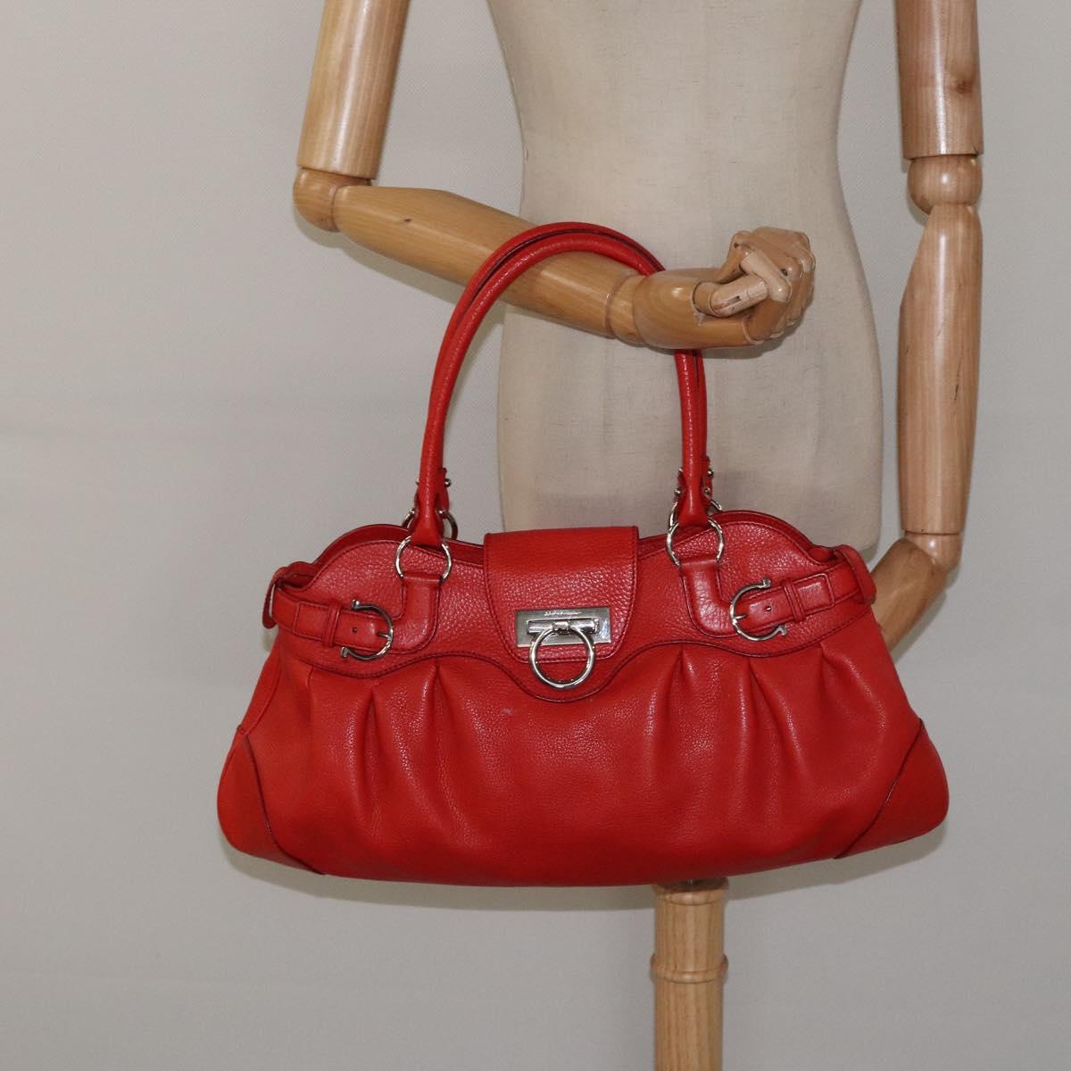 Salvatore Ferragamo Gancini Shoulder Bag Leather Red Silver Auth 117972