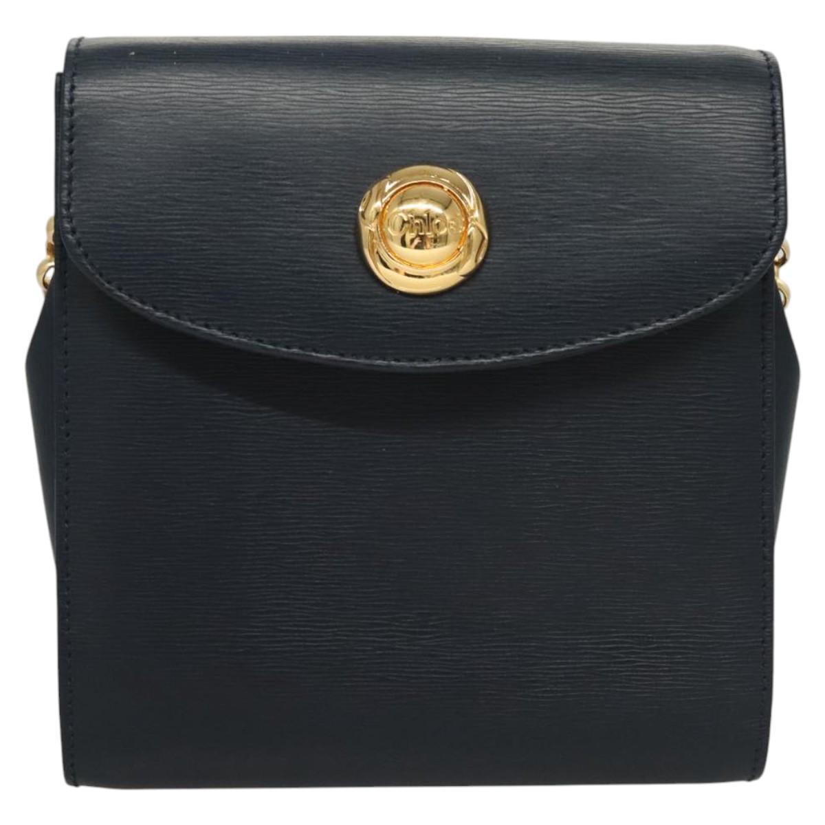 Chloe Chain Shoulder Bag Leather Navy Gold Auth 117976