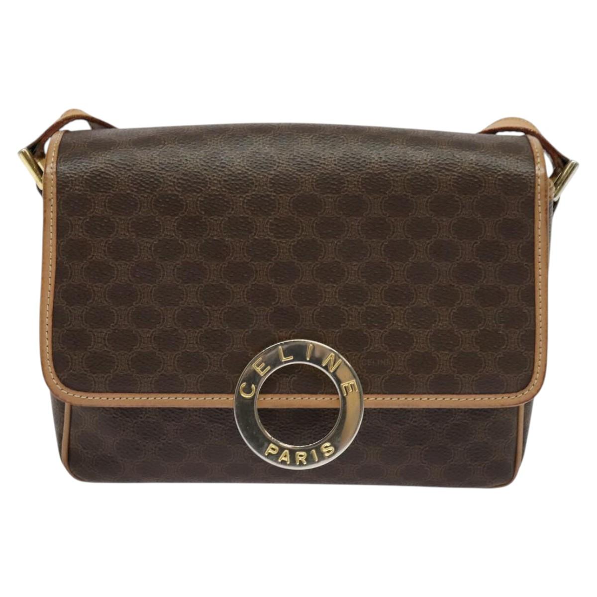 CELINE Macadam Canvas Circle Shoulder Bag PVC Leather Brown Gold Auth 118034