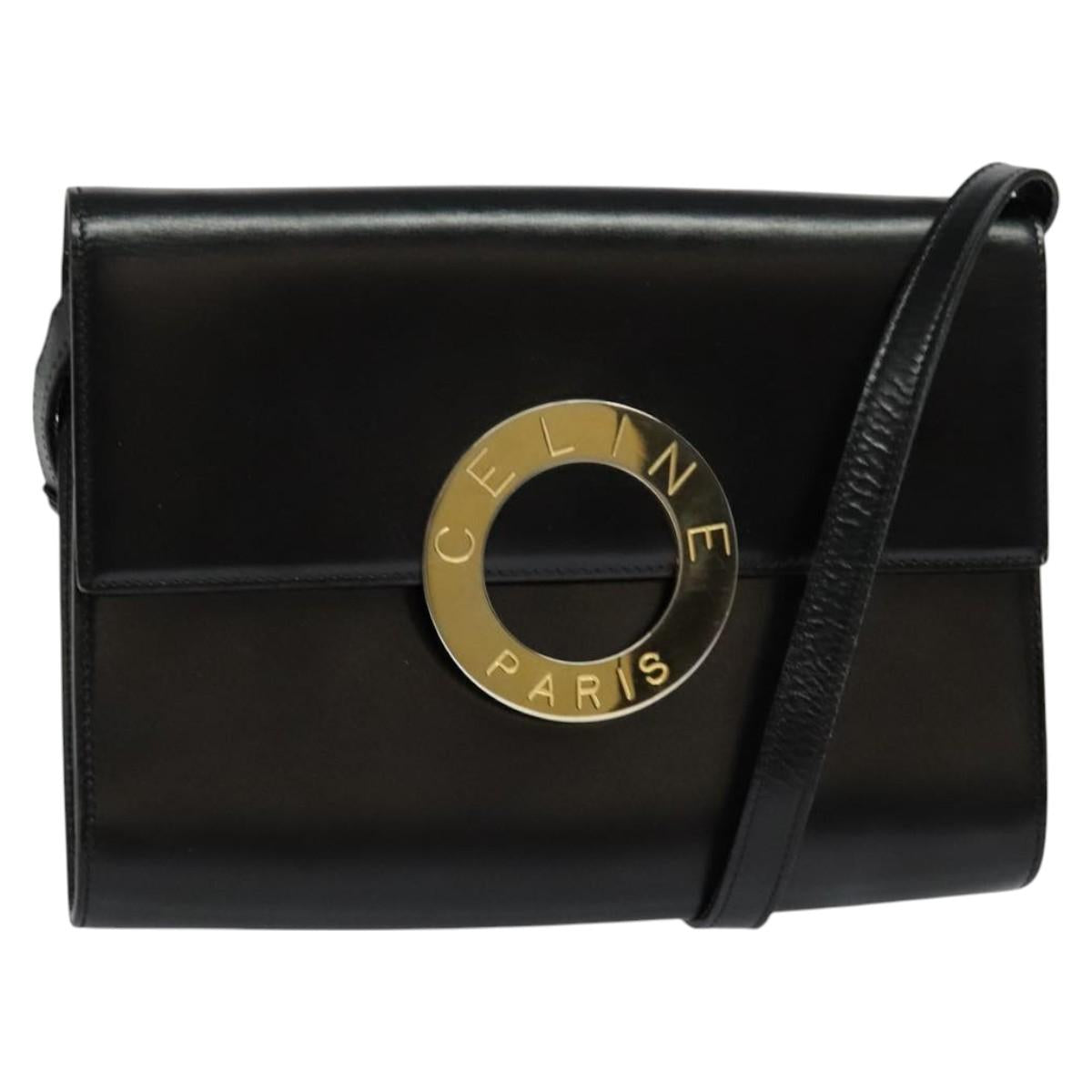 CELINE Circle Shoulder Bag Leather Black Gold Auth 118035