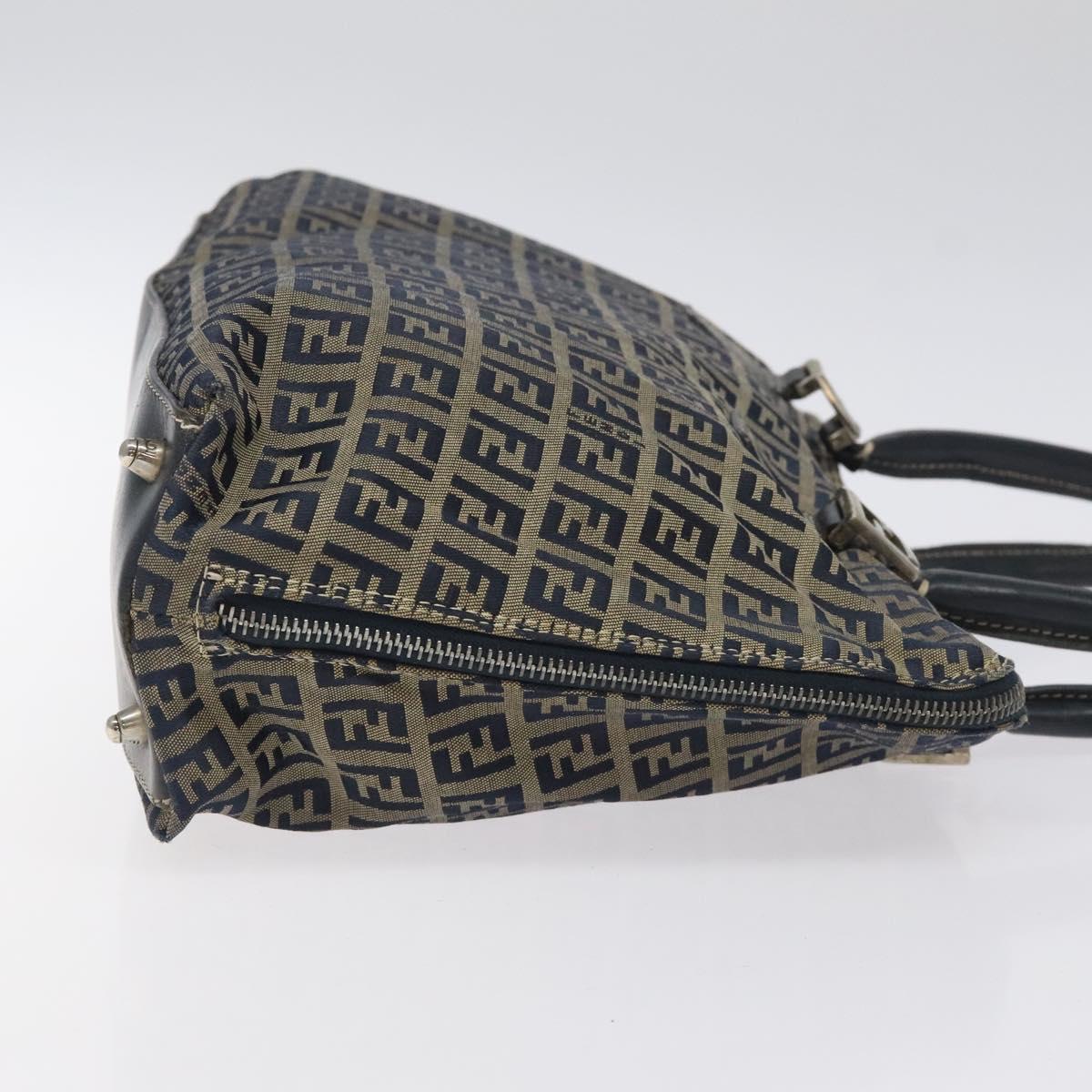 FENDI Zucchino Canvas Hand Bag Navy Silver Auth 118049