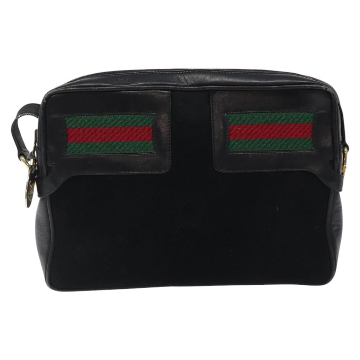 GUCCI Web Sherry Line Shoulder Bag Suede Black Gold Red Auth 118069