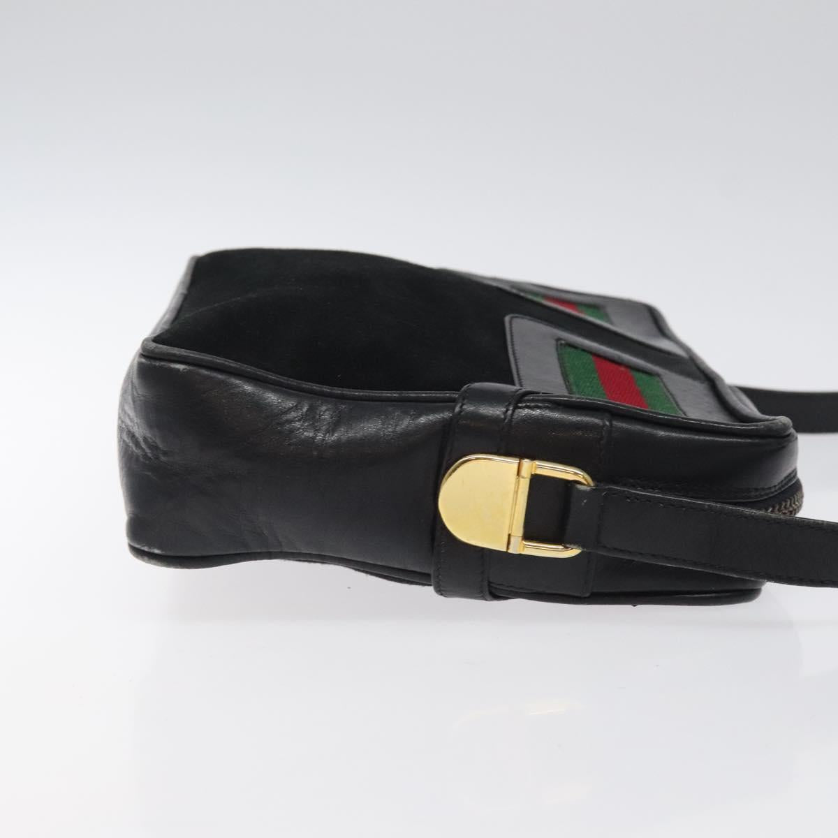 GUCCI Web Sherry Line Shoulder Bag Suede Black Gold Red Auth 118069