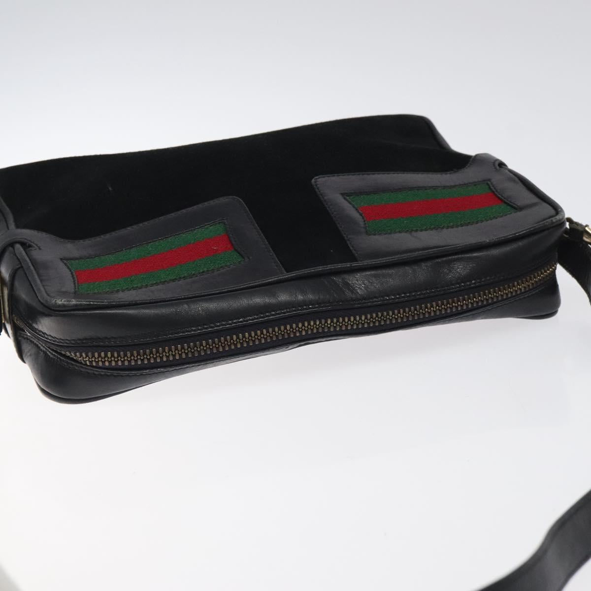 GUCCI Web Sherry Line Shoulder Bag Suede Black Gold Red Auth 118069