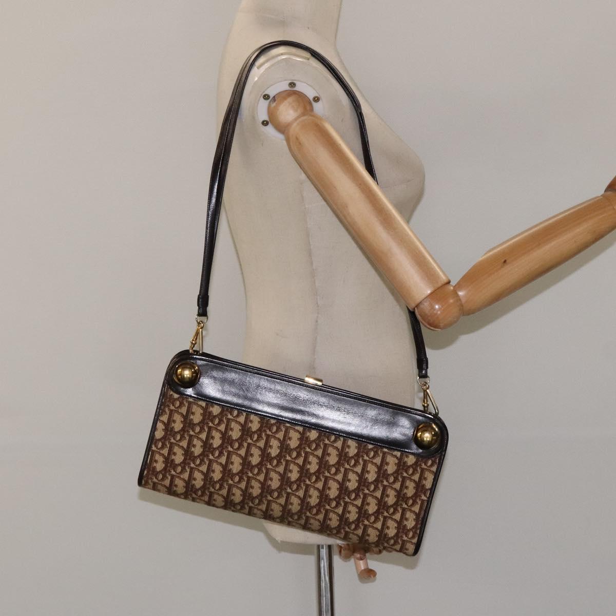 Christian Dior Trotter Canvas Shoulder Bag Brown Gold Auth 118076